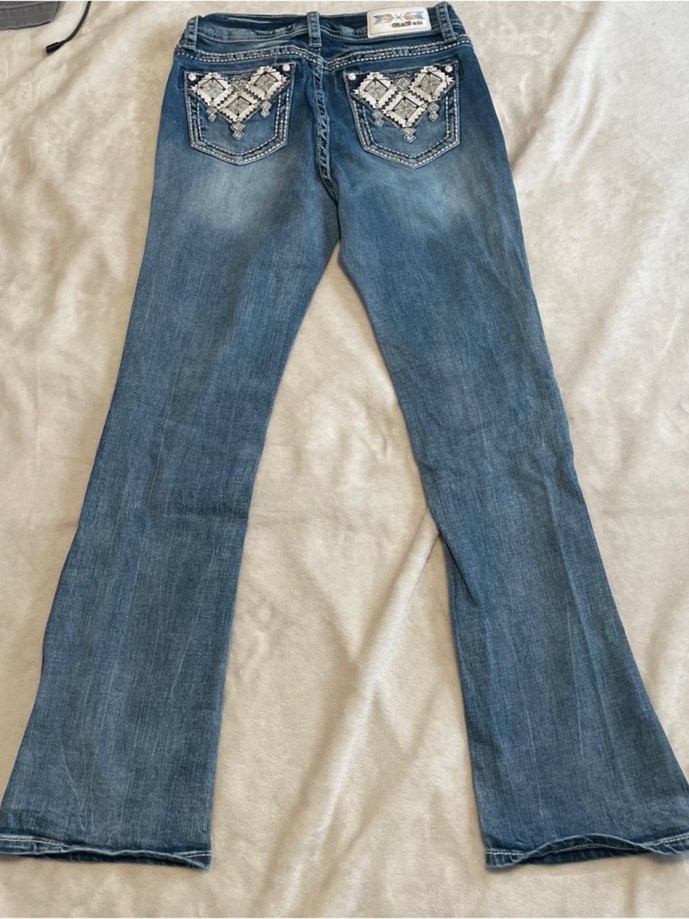 Grace in LA Blue Denim Bootcut Jeans with Embroidered Metallic Pocket Detail